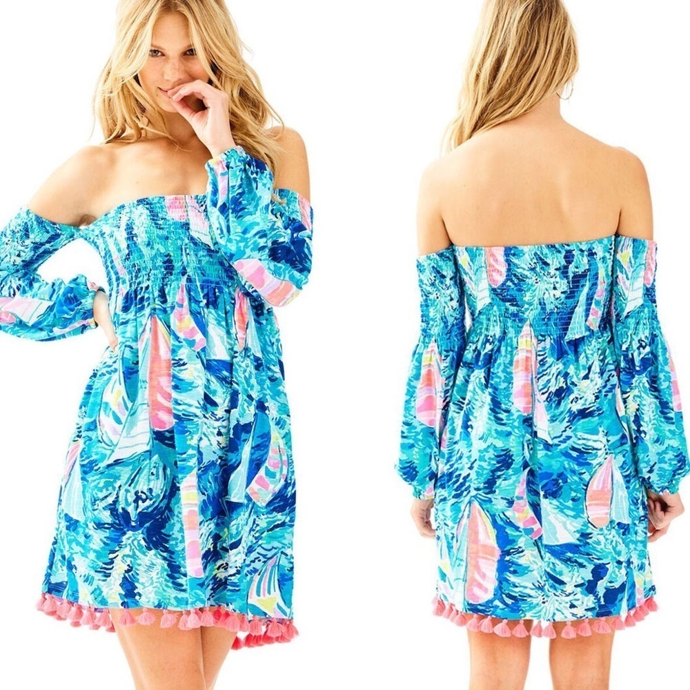 Lilly Pulitzer Sparkling Blue Hey Bay Bay Smocked Tassel Trina Beach Dress Small - Picture 2 of 15